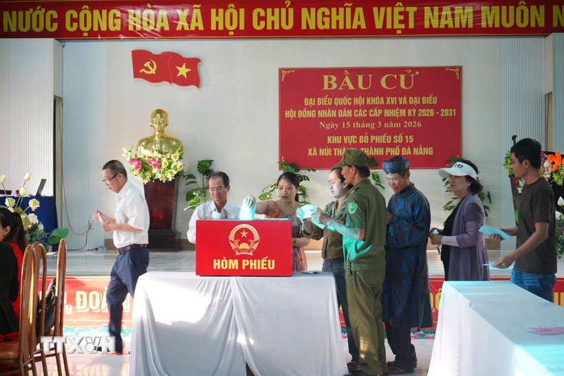 Đúng 6 giờ 30 phút, sau lễ chào cờ, hát Quốc ca, công bố thể lệ và quy chế bầu cử, cử tri xã Núi Thành tiến hành bầu cử. (Ảnh: Đoàn Hữu Trung/TTXVN)