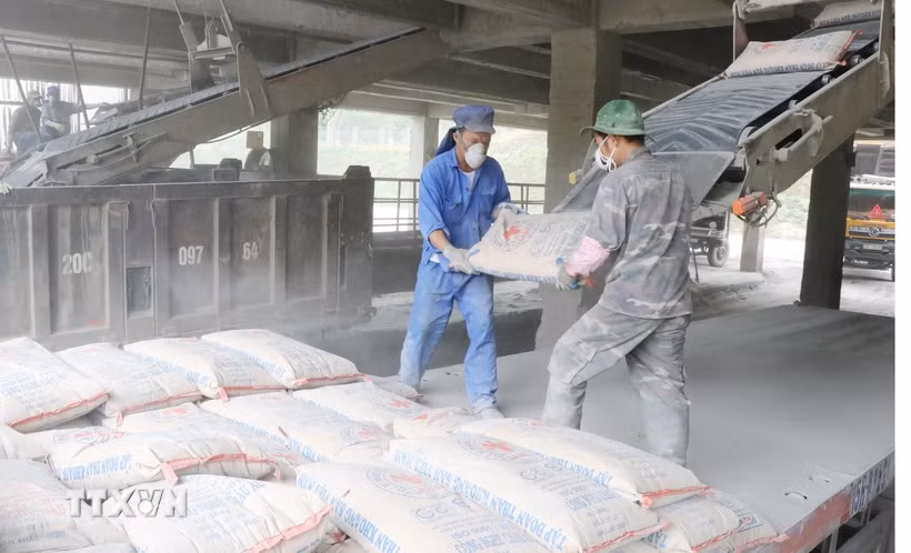 【写真】顧客のためにセメントを荷下ろしする労働者（TTXVN＝ベトナム通信社）