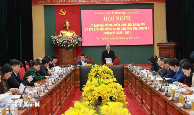 Ủy ban bầu cử tỉnh Thái Nguyên tổ chức hội nghị đánh giá tình hình triển khai công tác bầu cử các cấp. (Ảnh: Trần Trang/TTXVN)