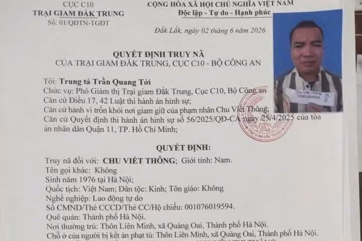 Quyết định truy nã Chu Viết Thông.