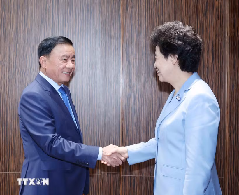 Thường trực Ban Bí thư Trần Cẩm Tú tiếp Phó Chủ tịch Chính hiệp Toàn quốc Trung Quốc Hàm Huy. (Ảnh: Phương Hoa/TTXVN)