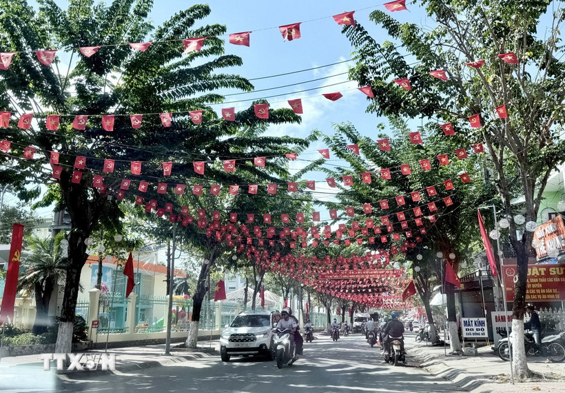 Cờ, băngrôn tuyên truyền dọc các tuyến đường trên địa bàn xã Tri Tôn, An Giang. (Ảnh: Thanh Sang/TTXVN)