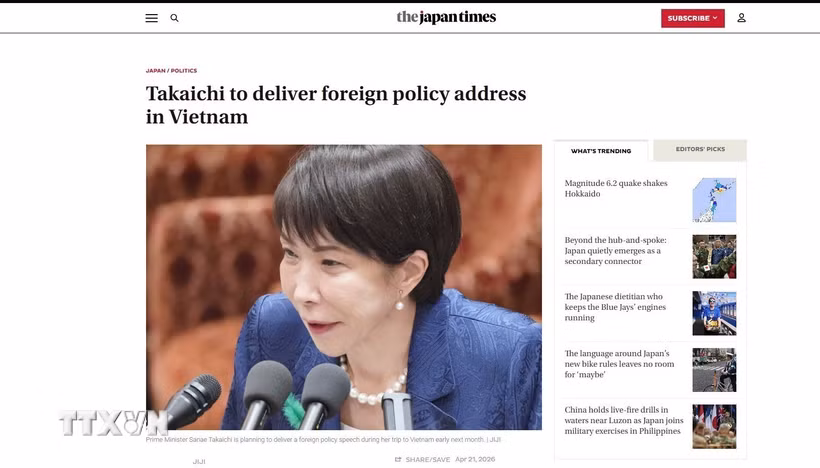 Báo Japan Times có bài viết với tiêu đề: “Thủ tướng Takaichi sẽ phát biểu về chính sách đối ngoại tại Việt Nam.” (Ảnh chụp màn hình-Nguyễn Tuyến/TTXVN)