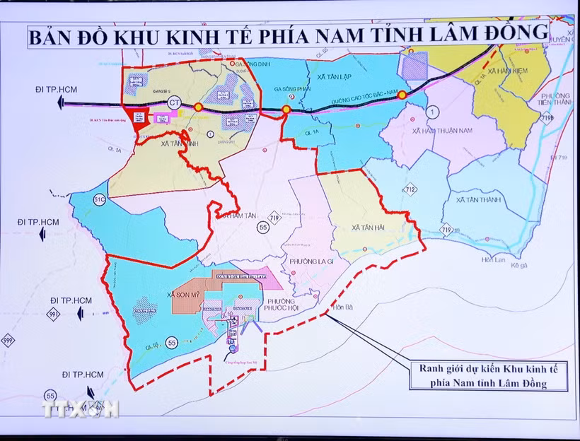 Bản đồ dự kiến thành lập Khu kinh tế ven biển phía Nam của tỉnh Lâm Đồng. (Ảnh: Nguyễn Thanh/TTXVN)