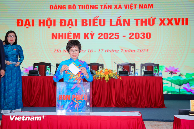 Các đại biểu bỏ phiếu bầu Đoàn đại biểu dự Đại hội đại biểu Đảng bộ Chính phủ lần thứ nhất. (Ảnh: Hoài Nam/Vietnam+) vnp-dhoi-chieu-5.jpg