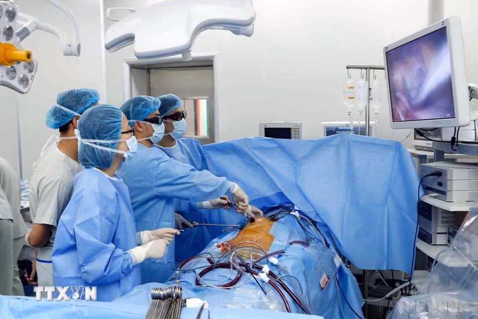Trung tâm Tim mạch - bệnh viện E (Bộ Y tế) phối hợp với Hội Phẫu thuật Tim mạch và lồng ngực Việt Nam và khoa Y dược, Đại học Quốc gia, tổ chức Chương trình đào tạo y khoa chuyển giao kỹ thuật cho các bệnh viện tuyến tỉnh, giúp các bệnh viện tỉnh cập nhật kiến thức về phẫu thuật tim nội soi với công nghệ 3D. (Ảnh: Dương Ngọc/TTXVN)