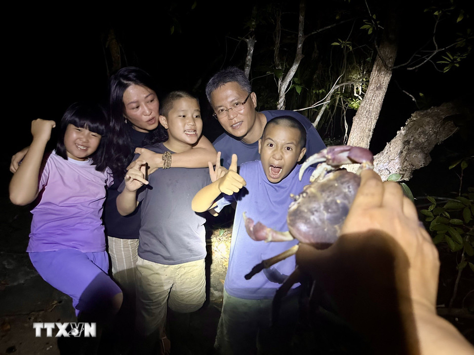 Khách du lịch thích thú khi nhìn thấy Cua xe tăng tại Hòn Bảy Cạnh, Vườn Quốc gia Côn Đảo. (Ảnh: TTXVN phát)