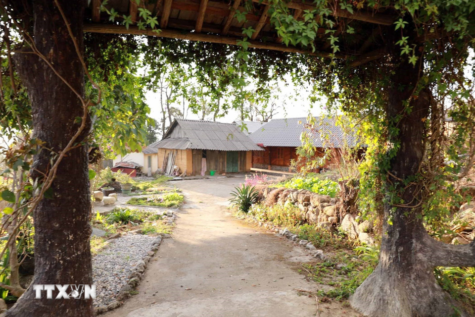 Những nếp nhà của người Dao vẫn giữ được nguyên sơ, cổng vào được người dân làm gần gũi với thiên nhiên. (Ảnh: Quý Trung/TTXVN)