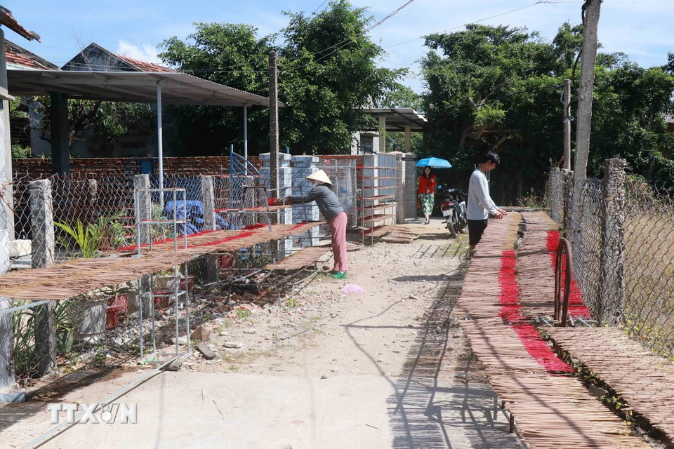 Người dân thôn Phú Hội 1, huyện Vạn Ninh, tỉnh Khánh Hòa, phơi nhang trầm. (Ảnh: Đặng Tuấn/TTXVN)