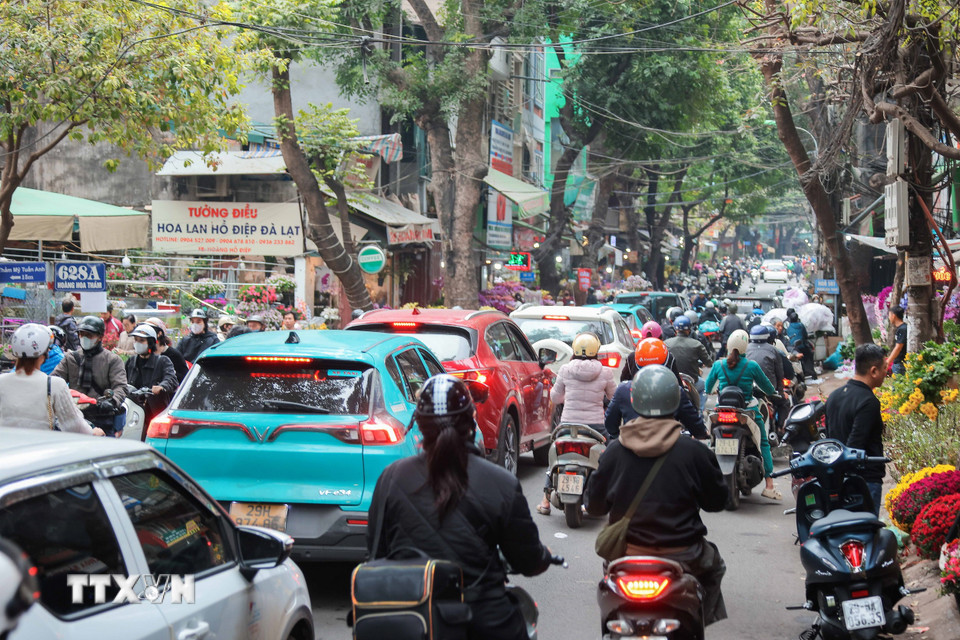 Đường Hoàng Hoa Thám đông đúc chiều 25/1. (Ảnh: Hoàng Hiếu/TTXVN)