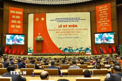 Tổng Bí thư Tô Lâm phát biểu tại Lễ kỷ niệm 80 năm Ngày Tổng tuyển cử đầu tiên bầu Quốc hội Việt Nam. (Ảnh: Doãn Tấn/TTXVN)