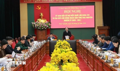 Ủy ban bầu cử tỉnh Thái Nguyên tổ chức hội nghị đánh giá tình hình triển khai công tác bầu cử các cấp. (Ảnh: Trần Trang/TTXVN)