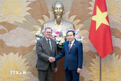 Chủ tịch Quốc hội Trần Thanh Mẫn tiếp Phó Chủ tịch Quốc hội Cộng hòa Liên bang Đức Bodo Ramelow. (Ảnh: Doãn Tấn/TTXVN)