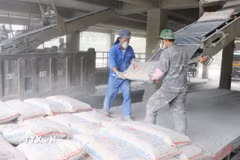 Công nhân Công ty Cổ phần Ximăng La Hiên-VVMI bốc xếp ximăng cho khách hàng. (Ảnh: Hoàng Nguyên/TTXVN)