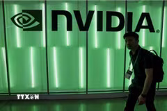 Biểu tượng của Tập đoàn Nvidia tại triển lãm máy tính ở Đài Loan (Trung Quốc) hồi đầu năm 2024. (Ảnh: Reuters/TTXVN)