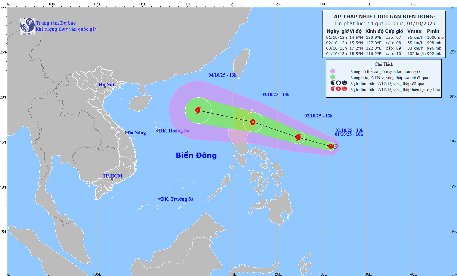 Diễn biến áp thấp nhiệt đới gần Biển Đông. (Nguồn: Cục Khí tượng Thủy văn)