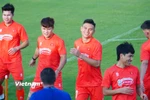 Các tuyển thủ của Đội tuyển Việt Nam rạng rỡ trong buổi tập đầu tiên dịp FIFA Days tháng 6/2025. (Ảnh: Việt Anh/Vietnam+)