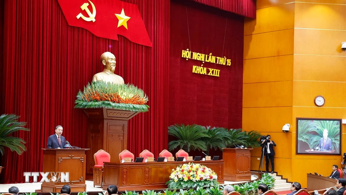 Tổng Bí thư Tô Lâm phát biểu bế mạc Hội nghị lần thứ 15 Ban Chấp hành Trung ương khóa XIII. (Ảnh: Doãn Tấn/TTXVN)