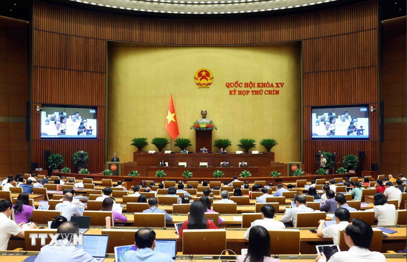 Chiều 9/5/2025, tại Hà Nội, Quốc hội họp phiên toàn thể tại hội trường để thảo luận về Luật Công nghiệp công nghệ số. (Ảnh: Phạm Kiên/TTXVN)