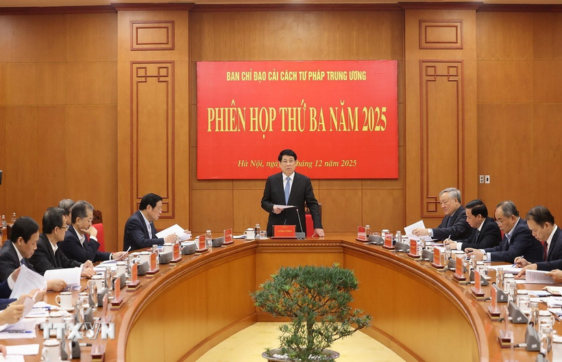 Chủ tịch nước Lương Cường, Trưởng Ban Chỉ đạo cải cách Tư pháp Trung ương phát biểu chỉ đạo. (Ảnh: Lâm Khánh/TTXVN)