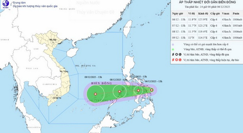 Hình ảnh vị trí, đường đi của áp thấp nhiệt đới. (Nguồn: Trung tâm Dự báo khí tượng Thủy văn Quốc gia)