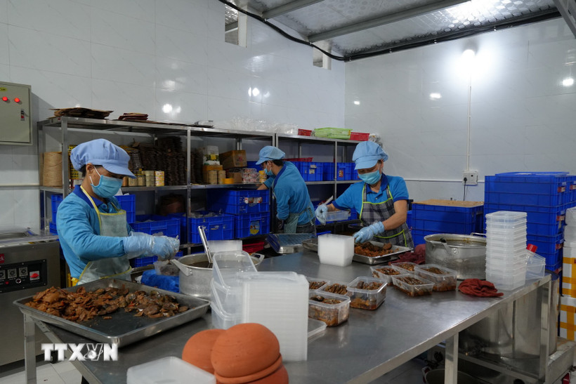 Công nhân chuẩn bị cá mòi kho làng Chài cho dịp Tết. (Ảnh Tiến Vĩnh/TTXVN)