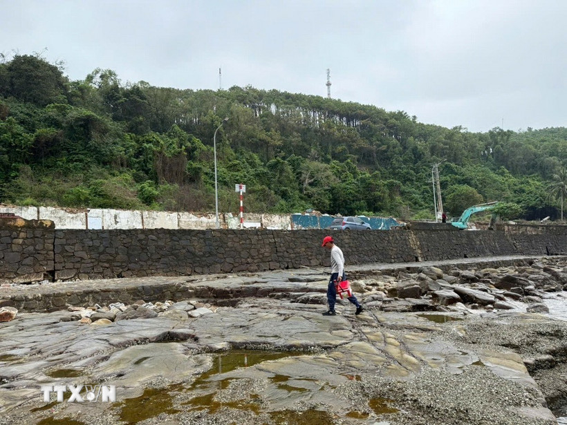 Đoạn dài tường chắn sóng phía trên bờ kè biển đã bị đổ ở Đồ Sơn. (Ảnh: Tiến Vĩnh/TTXVN)