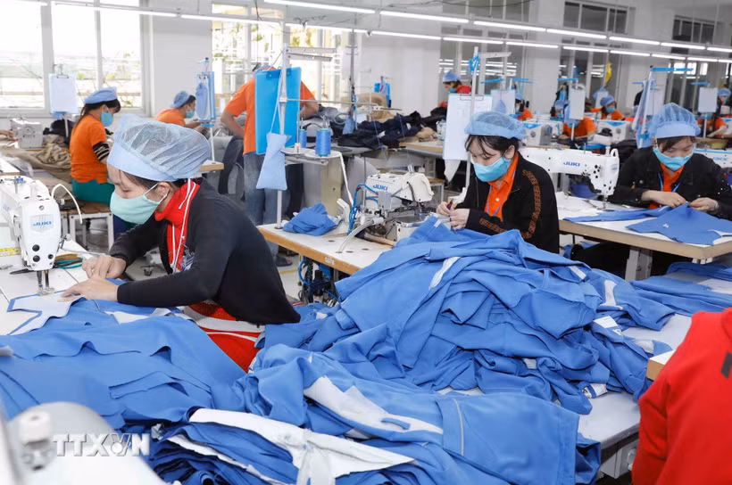 May hàng xuất khẩu sang thị trường Nhật Bản tại Công ty may Hưng Việt (Phố Nối, Hưng Yên). (Ảnh: Trần Việt/TTXVN)