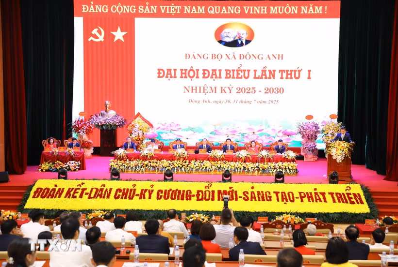 Quang cảnh Đại hội đại biểu Đảng bộ xã Đông Anh, nhiệm kỳ 2025-2030. (Ảnh: Quốc Lũy/TTXVN)