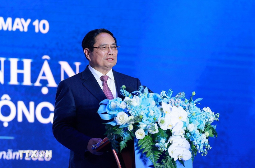 Thủ tướng Phạm Minh Chính phát biểu tại lễ kỷ niệm 80 năm thành lập Tổng Công ty May 10. (Ảnh: Dương Giang/TTXVN)