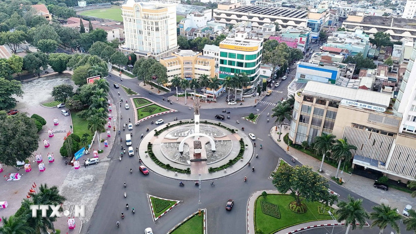Quang cảnh trung tâm Ngã Sáu, thành phố Buôn Ma Thuột (tỉnh Đắk Lắk) nhìn từ trên cao. (Ảnh tư liệu: Hoài Thu/TTXVN)