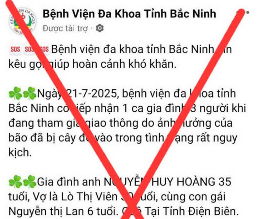 Thông tin trên trang giả mạo Bệnh viện Đa khoa Bắc Ninh để kêu gọi từ thiện. (Nguồn: Sở Y tế tỉnh Bắc Ninh)