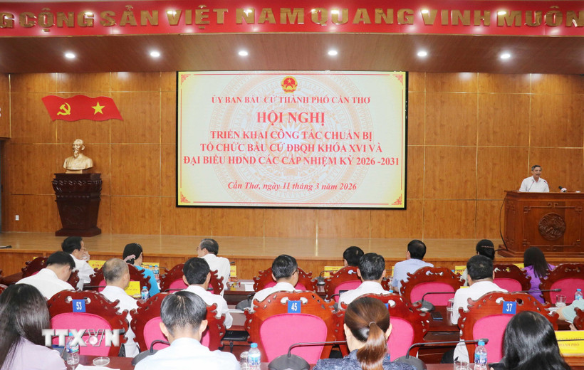 Ủy ban bầu cử thành phố Cần Thơ tổ chức hội nghị triển khai công tác chuẩn bị tổ chức bầu cử đại biểu Quốc hội khóa XVI và đại biểu Hội đồng Nhân dân các cấp, nhiệm kỳ 2026-2031. (Ảnh: Ngọc Thiện/TTXVN)