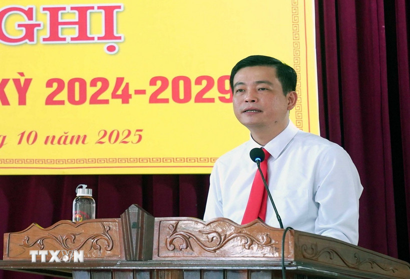 Ông Nguyễn Thành Đồng, Chủ tịch Ủy ban Mặt trận Tổ quốc Việt Nam tỉnh Hà Tĩnh nhiệm kỳ 2024-2029, phát biểu tại Hội nghị. (Ảnh: Công Tường/TTXVN)