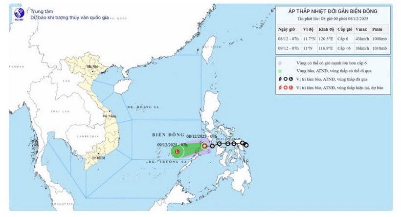 Hình ảnh vị trí và đường đi của áp thấp nhiệt đới.