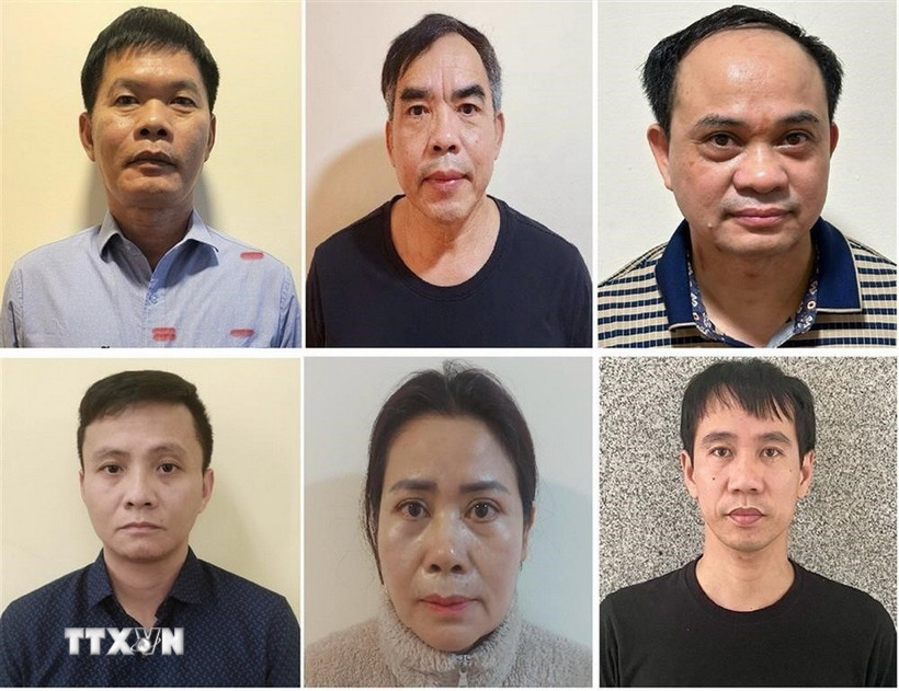 Các bị can bị khởi tố: Nguyễn Văn Khước, Chu Quốc Hải, Hoàng Văn Nhiệm, Cao Đại Nghĩa, Đinh Thị Thu Hương, Nguyễn Ngọc Huy (theo thứ tự từ trái sang phải, từ trên xuống dưới). (Ảnh: Bộ Công an/TTXVN phát)