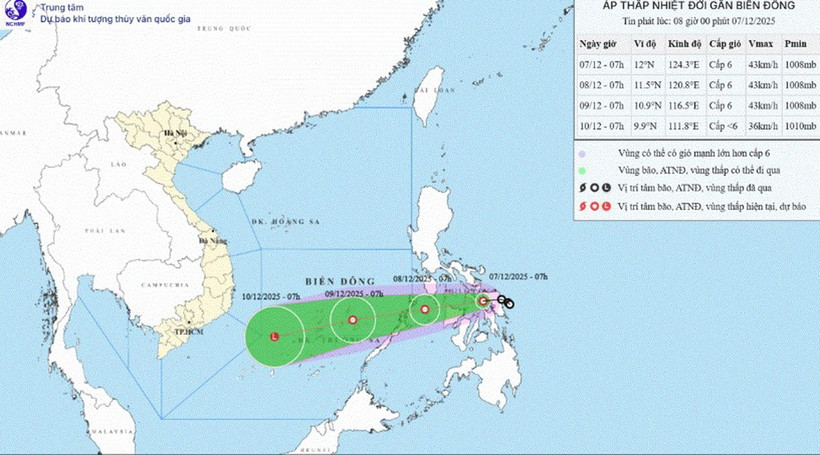 Áp thấp nhiệt đới đổi hướng, di chuyển nhanh, hướng về đảo Palawan Vị trí và đường đi của áp thấp nhiệt đới. (Nguồn: Trung tâm Dự báo Khí tượng Thủy văn Quốc gia)
