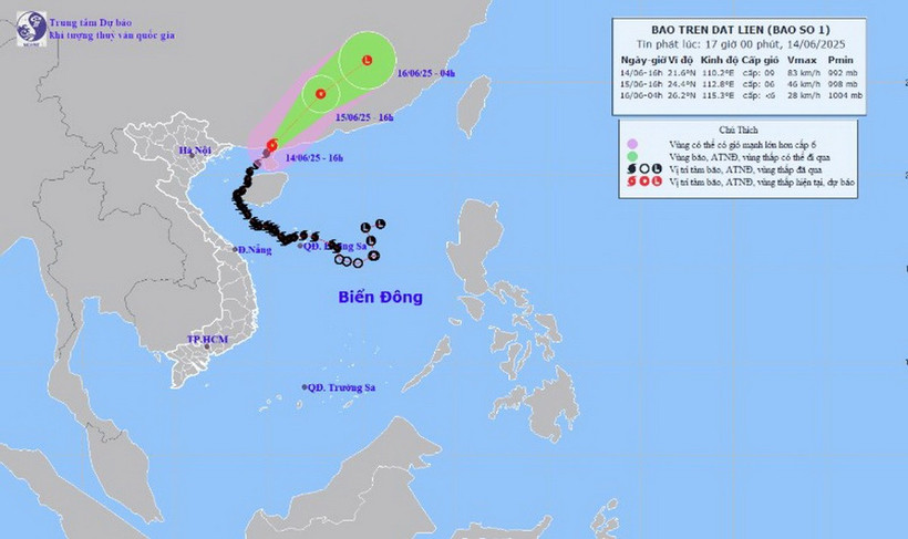 Hướng di chuyển của bão số 1 lúc 16h ngày 14/6/2025. (Nguồn: Trung tâm Dự báo Khí tượng Thủy văn Quốc gia)