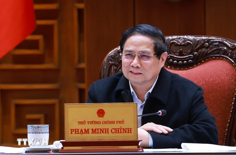 Thủ tướng Phạm Minh Chính chủ trì cuộc họp của Ban Thường vụ Đảng ủy Chính phủ về đề án sắp xếp các đơn vị hành chính. (Ảnh: Dương Giang/TTXVN)