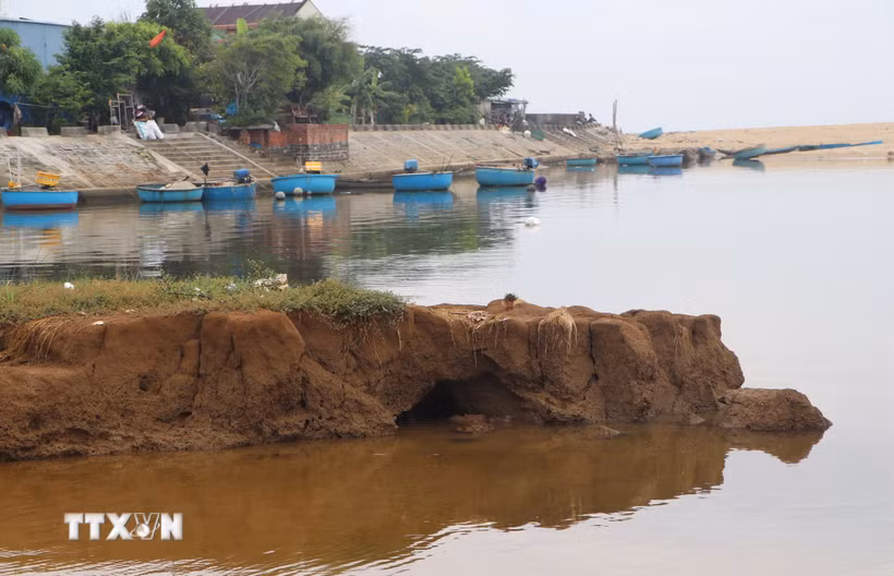 Những khối đất lớn liên tục bị cuốn trôi xuống lòng sông. (Ảnh: Đinh Hương/TTXVN)