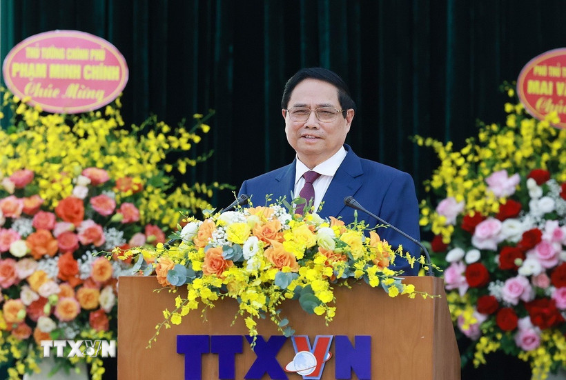Thủ tướng Phạm Minh Chính, phát biểu tại Đại hội Đảng bộ Thông tấn xã Việt Nam lần thứ 27, nhiệm kỳ 2025-2030. (Ảnh: Dương Giang/TTXVN)