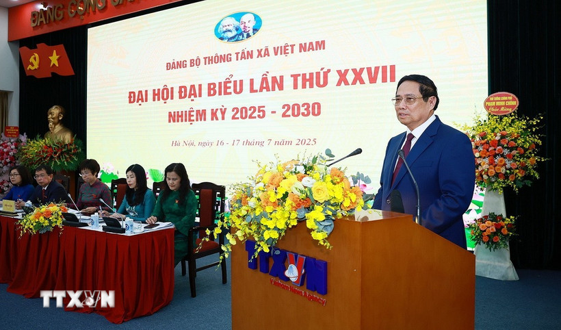 Thủ tướng Phạm Minh Chính, phát biểu tại Đại hội Đảng bộ Thông tấn xã Việt Nam lần thứ 27, nhiệm kỳ 2025-2030. (Ảnh: Dương Giang/TTXVN)