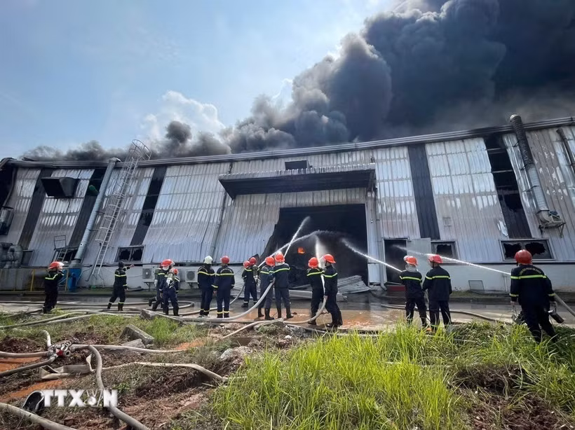 Lực lượng chữa cháy nỗ lực dập lửa. (Ảnh: Hoàng Hùng/TTXVN)