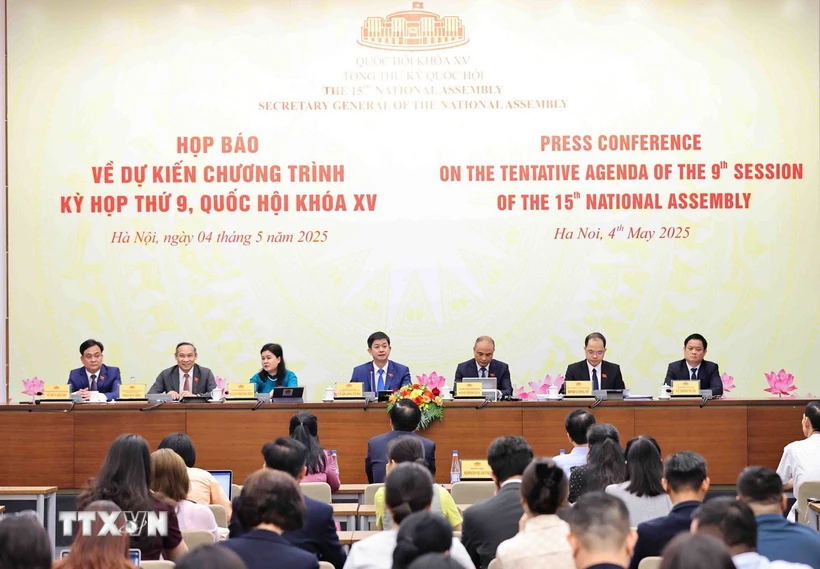 Quang cảnh buổi họp báo về chương trình Kỳ họp thứ 9, Quốc hội Khóa XV. (Ảnh: Minh Đức/TTXVN)