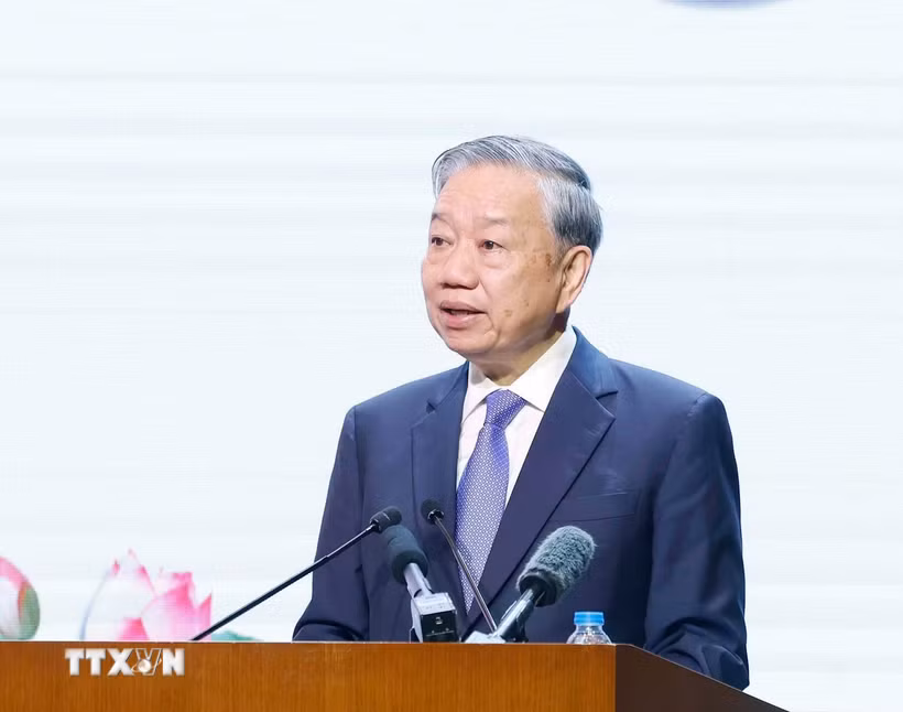 Tổng Bí thư Tô Lâm, Bí thư Quân ủy Trung ương phát biểu tại lễ kỷ niệm. (Ảnh: Thống Nhất/TTXVN)