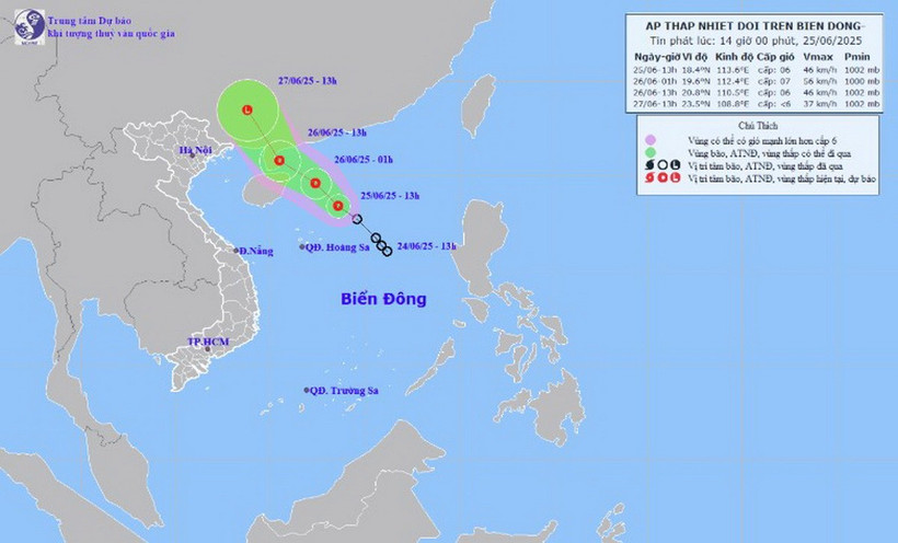 Hình ảnh vị trí và đường đi của áp thấp nhiệt đới. (Nguồn: Trung tâm Khí tượng Thủy văn Quốc gia)