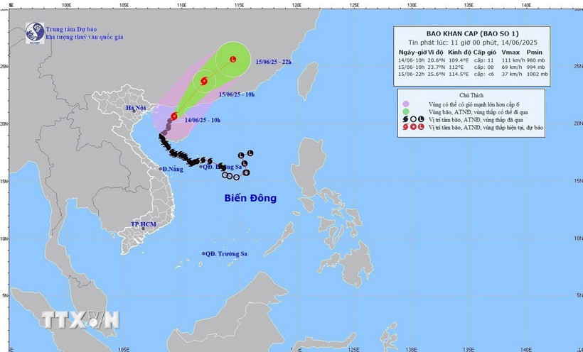 Hướng di chuyển của bão số 1 lúc 11h ngày 14/6/2025. (Ảnh: TTXVN phát)