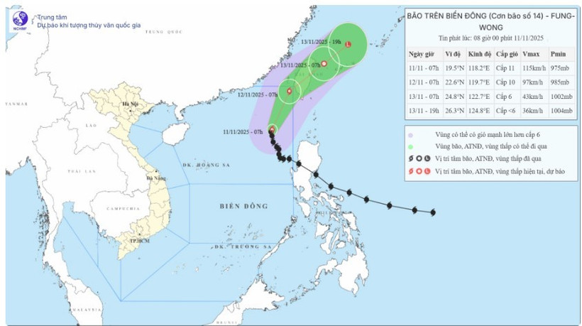 Hình ảnh vị trí, hướng đi của bão số 14. (Nguồn: Trung tâm Khí tượng Thủy văn Quốc gia)