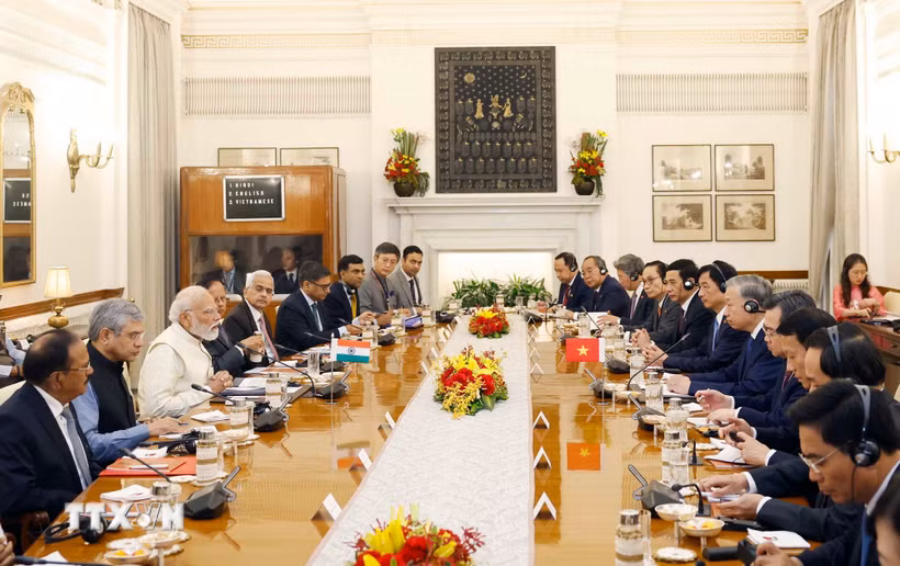 Tổng Bí thư, Chủ tịch nước Tô Lâm hội đàm với Thủ tướng Ấn Độ Narendra Modi. (Ảnh: Thống Nhất/TTXVN)