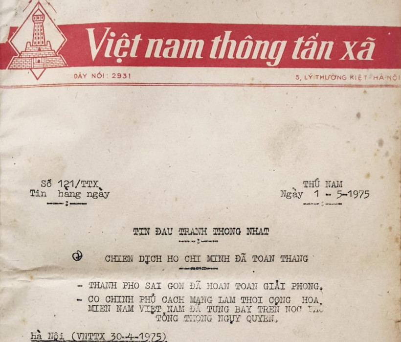 Bản tin chiến thắng đầu tiên phát đi từ Việt Nam Thông tấn xã ngày 30/4/1975. (Nguồn: Vietnam+)